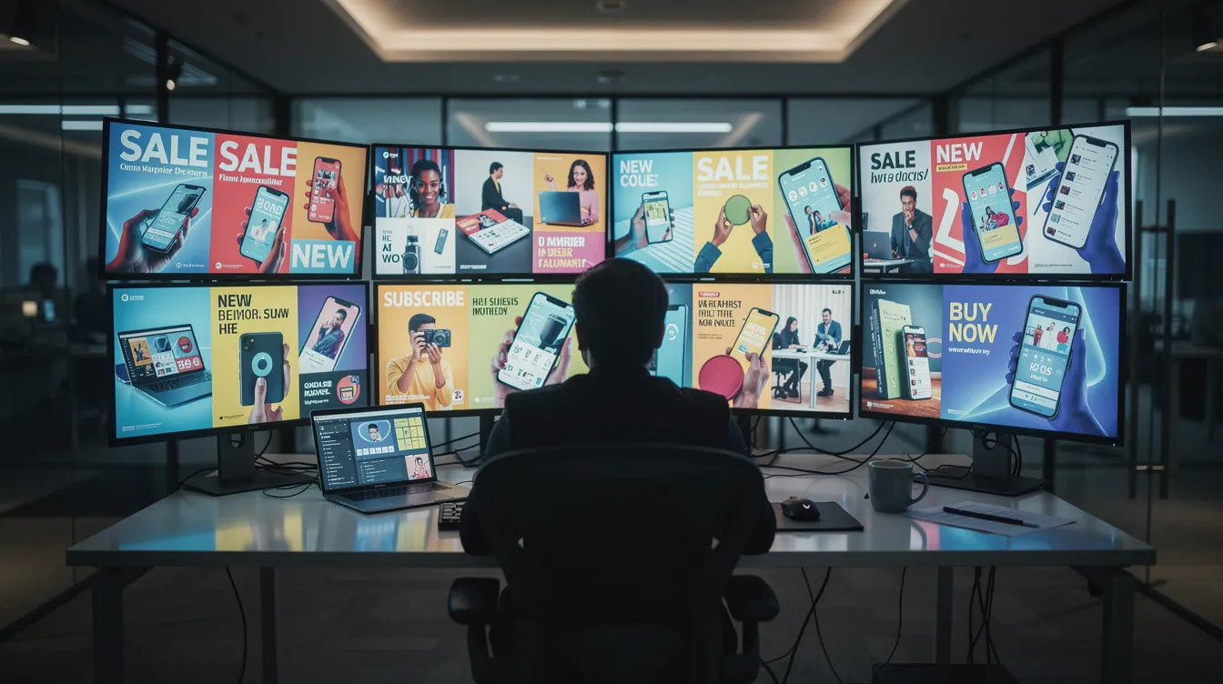 A person is seated in a modern office, surrounded by multiple glowing screens displaying various digital advertisements, reflecting the vibrant atmosphere of Advertising Week in New York. The scene captures the essence of creativity and networking among marketers and brands in the advertising industry.