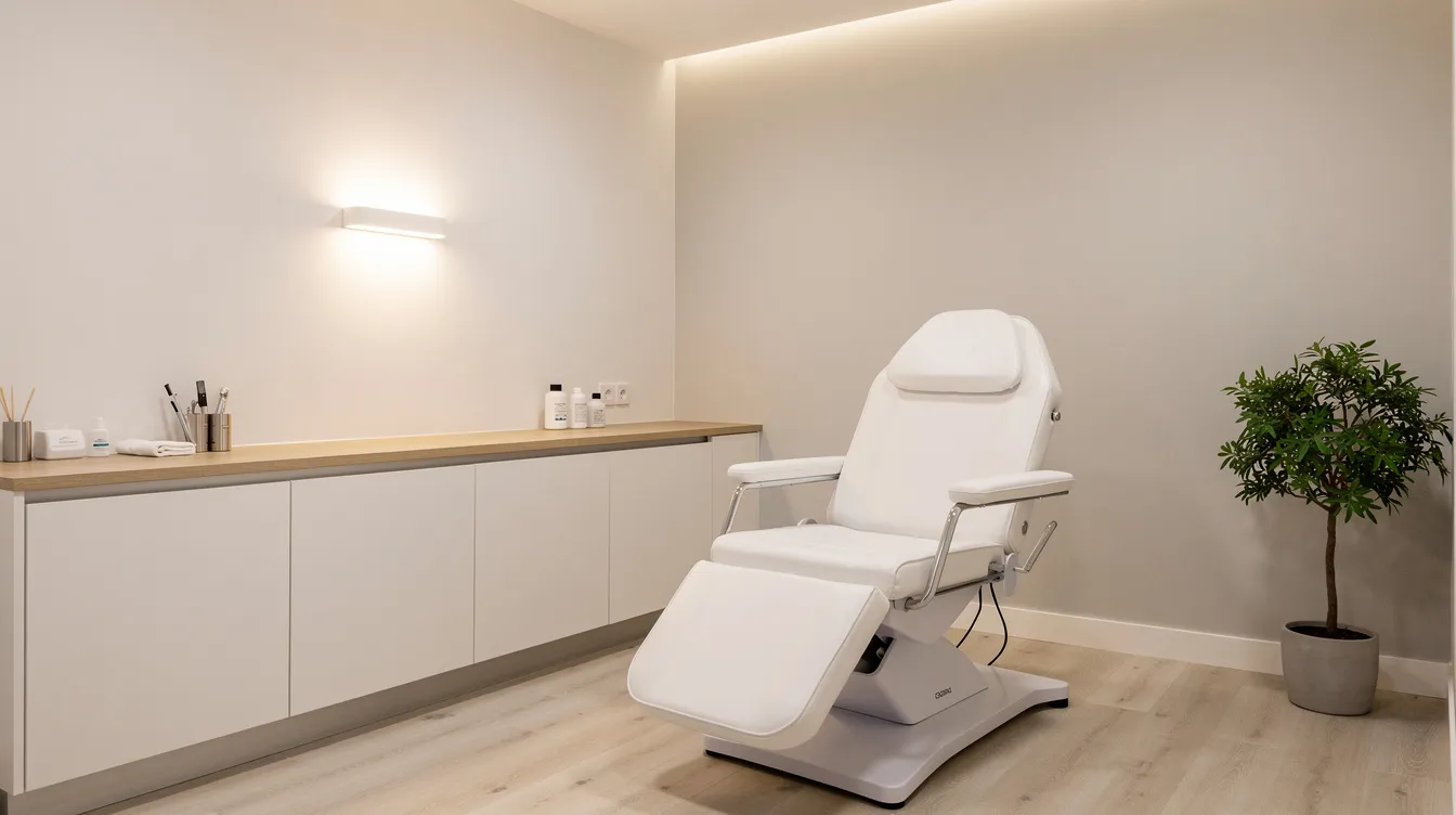 The image depicts a modern and clean aesthetic treatment room featuring soft lighting and a comfortable medical chair, ideal for procedures like lip filler treatments. This serene environment is designed to enhance the patient experience for those seeking lip augmentation and other aesthetic treatments in Philadelphia, PA.
