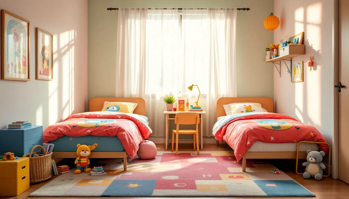 The image depicts a shared kids bedroom featuring two twin beds, with a stylish kids rug placed centrally to unify the space. The area rug, adorned with playful patterns, complements the room's decor while providing a soft, durable surface for active play and creating a cozy atmosphere for the children.