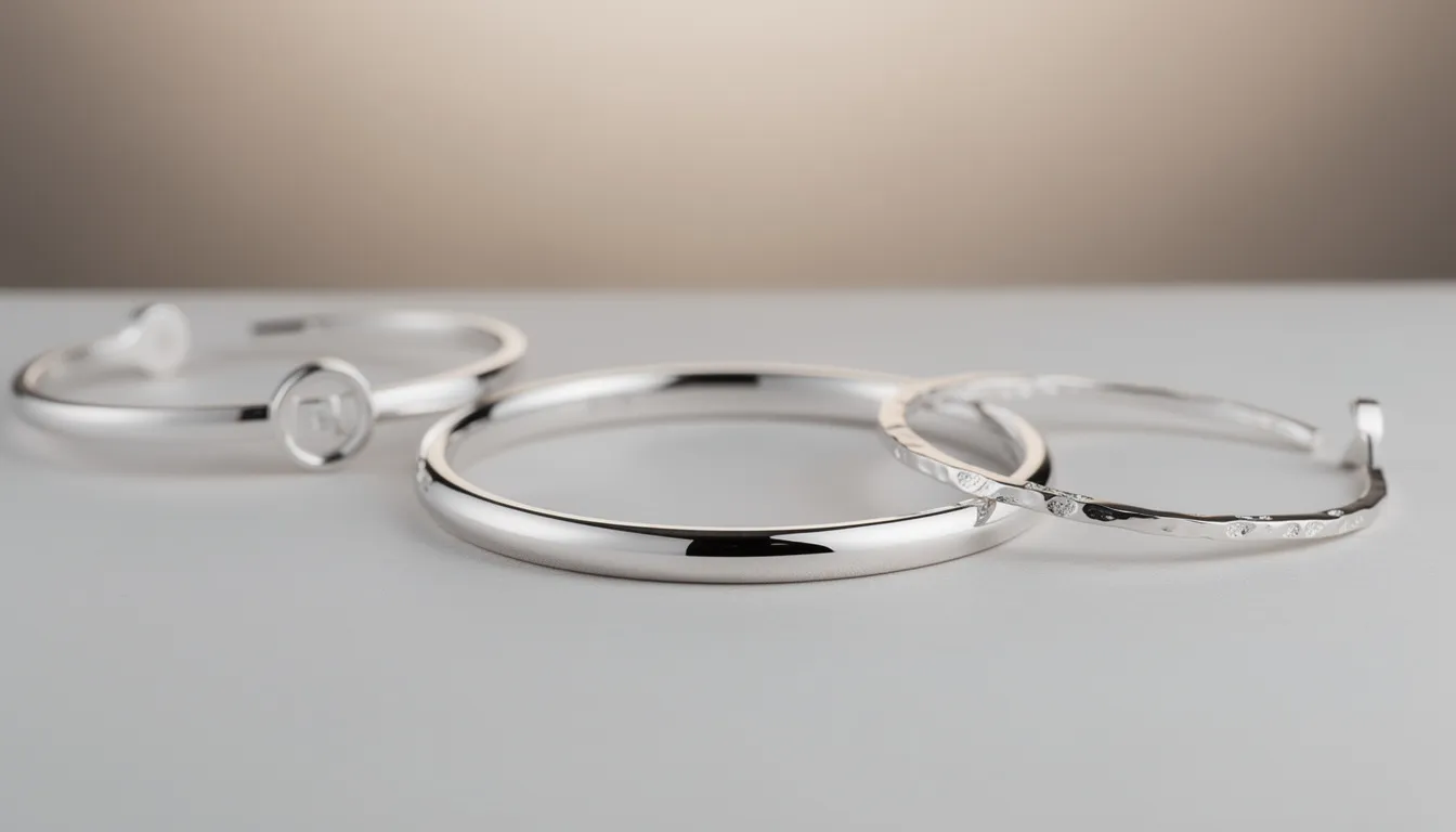 The image features a collection of elegant silver bangles and bracelets, including a sleek silver bangle and a delicate hammered silver bangle, showcasing various designs that add sophistication to both formal and casual wear. These handcrafted pieces are designed to provide a perfect fit for different sizes, making them versatile statement pieces for any occasion.