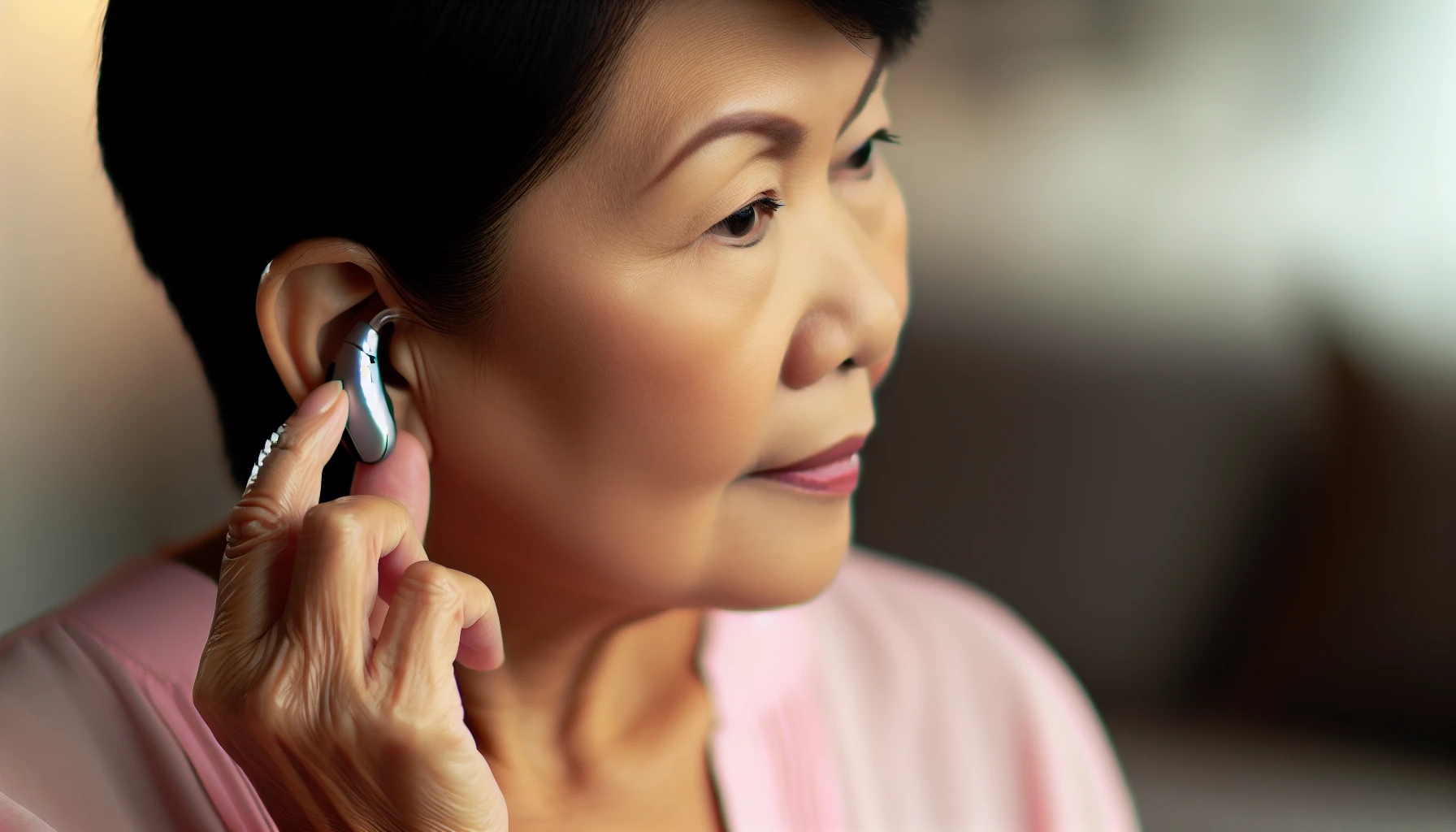 Woman adjusting hearing aid, exploring tinnitus treatment options
