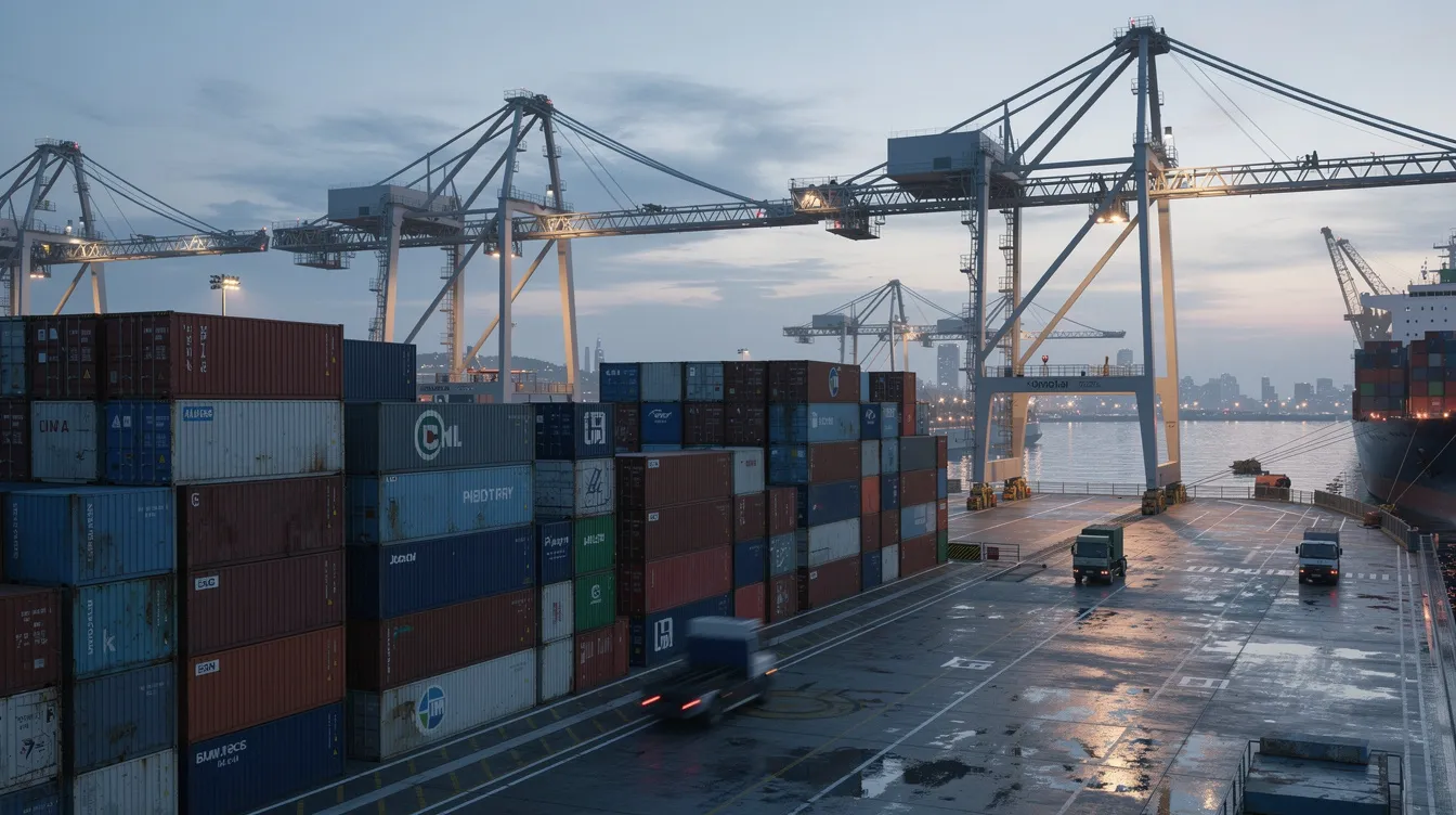 The image depicts a busy port terminal filled with stacked shipping containers, with large cargo cranes towering in the background. This scene highlights the logistics of shipping, which often involves various metal components and fabrication processes, such as sheet metal fabrication and custom metal fabrication services, essential for transporting goods efficiently.