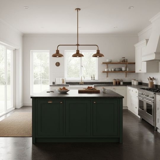 Classic three light pendant fixture providing vintage kitchen lighting.