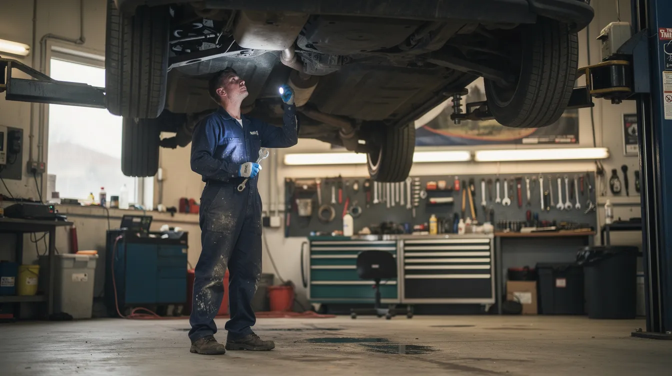 A mechanic in coveralls is inspecting the underside of a car on a lift, ensuring the vehicle's condition is sound for potential buyers in the used car market. This thorough examination is crucial for identifying any maintenance costs and verifying the car's past before making a purchase.
