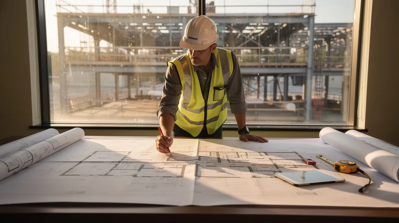 A person is intently reviewing architectural floor plans spread out on a table at a construction site, likely assessing details for upcoming fix and flip projects. The scene reflects the meticulous planning involved in real estate investing, where understanding renovation costs and the overall investment property value is crucial for success.