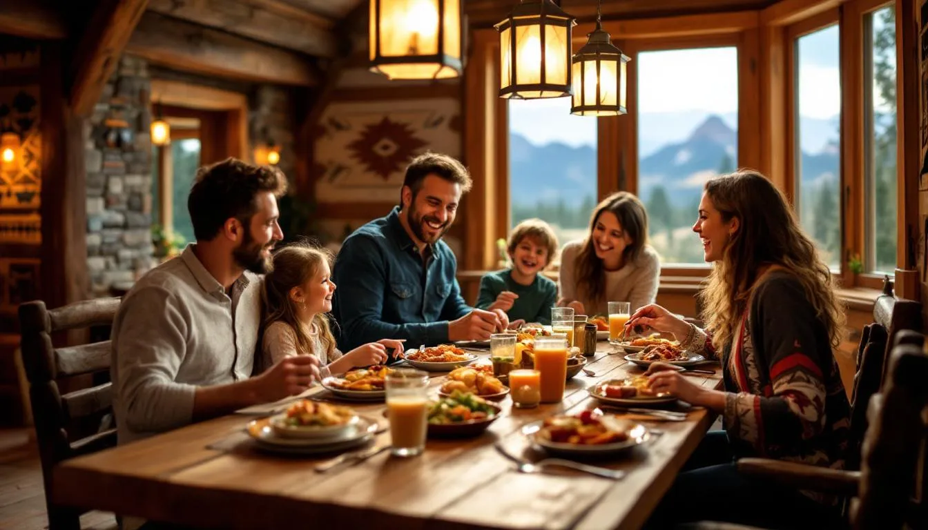 Families gather around tables in the Navajo Cafeteria, enjoying a variety of delicious menu items such as grilled chicken sandwiches and burgers, all within a cozy mountain lodge atmosphere in Brian Head, Utah. The warm ambiance is perfect for dining together, making it an ideal spot for lunch or dinner after a day on the slopes.