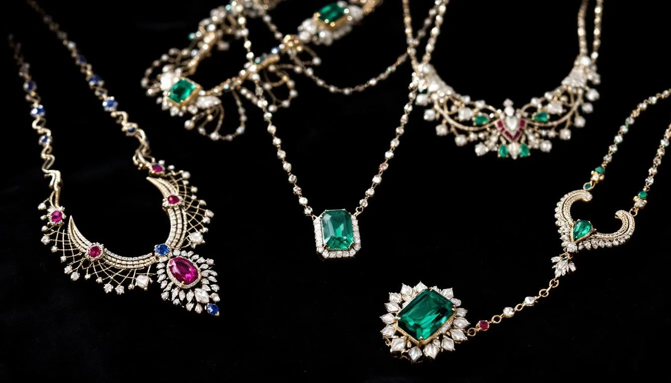 A display of various gemstone necklaces available for purchase.