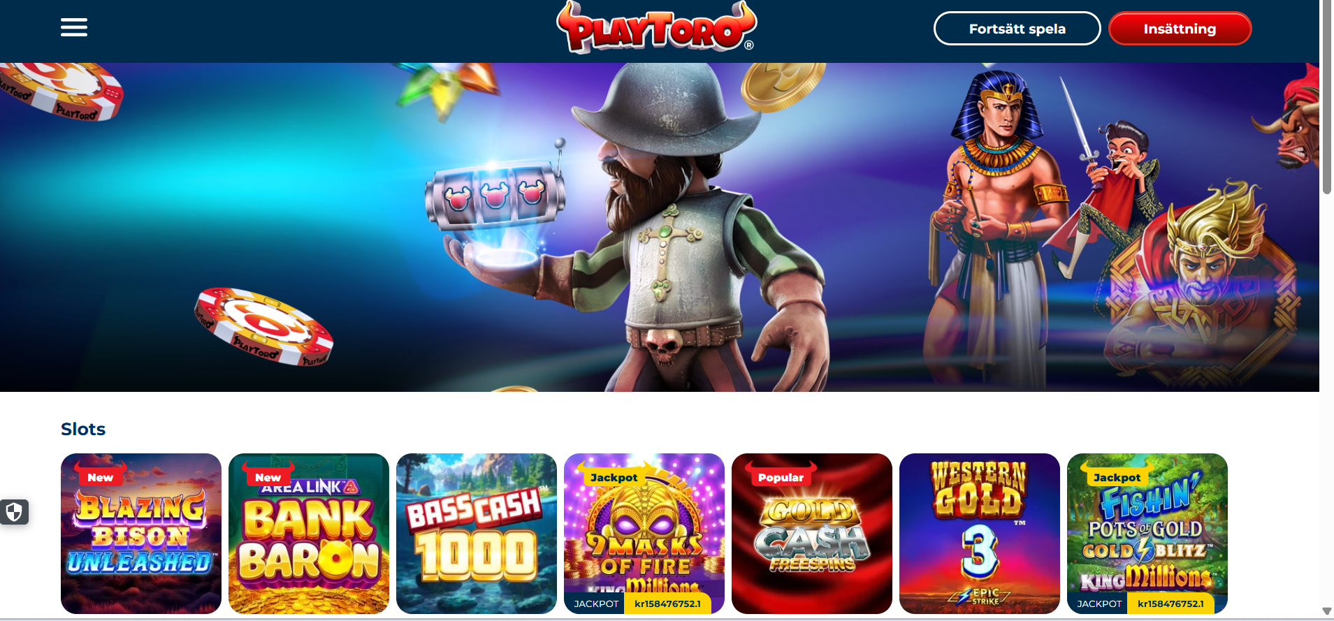 PlayToros utbud av slots med populära spel och jackpottar.