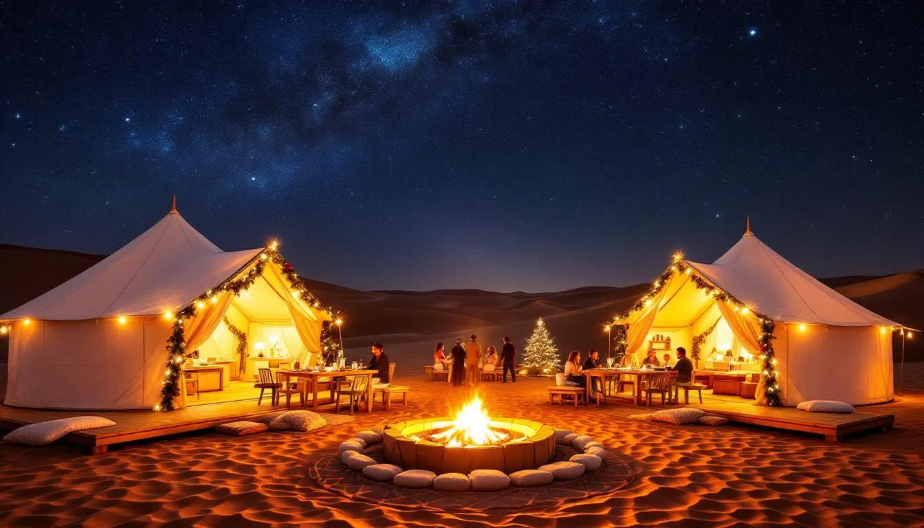 A luxurious desert camp adorned with twinkling Christmas lights and festive decorations sits beneath a starry night sky, creating a magical atmosphere for celebrating Christmas in Morocco. The scene captures a blend of Moroccan and Western styles, highlighting the warmth of holiday spirit in this unique setting.