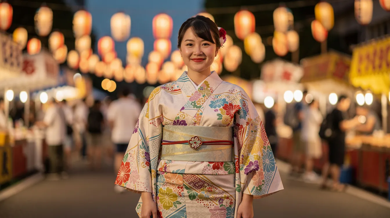 A person wearing a vibrant summer yukata adorned with a decorative brooch at the waist stands amidst a lively Japanese festival, with colorful lanterns illuminating the scene in the background. The yukata features intricate patterns, reflecting the beauty of Japanese culture and tradition.
