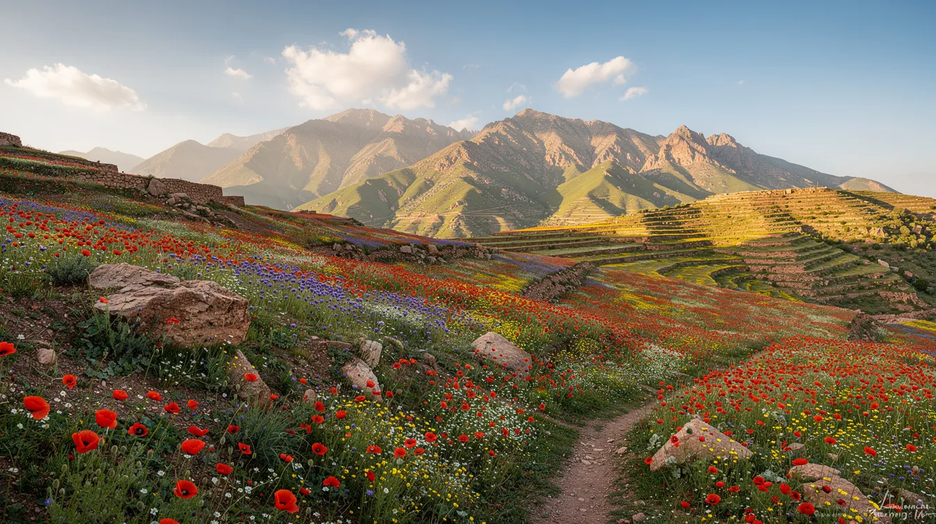 The image depicts vibrant wildflowers blanketing the hillsides of Morocco's Atlas Mountains during spring, showcasing a stunning display of color against the backdrop of clear blue skies. This blooming landscape is a perfect example of the pleasant weather that makes spring the best time to visit Morocco, particularly for those interested in mountain trekking and experiencing the region's natural beauty.