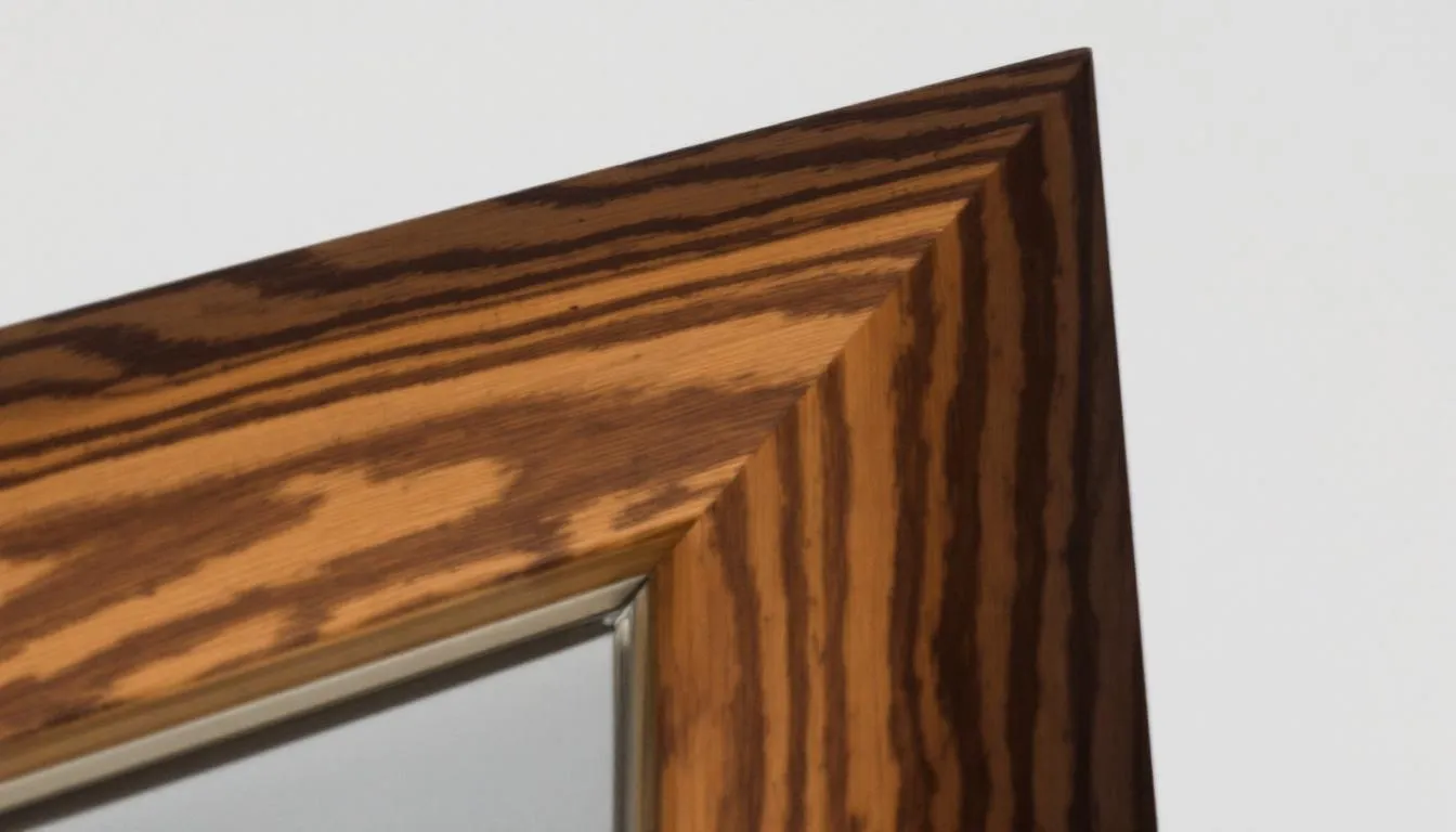Close-up van een kozijnprofiel met een hoekige vorm en een complete houtlook, dat de robuuste uitstraling van het k vision kozijn benadrukt. De rechte hoeken en de duurzame materialen zorgen voor een onderhoudsarm en stijlvol ontwerp, perfect voor nieuwbouwprojecten.
