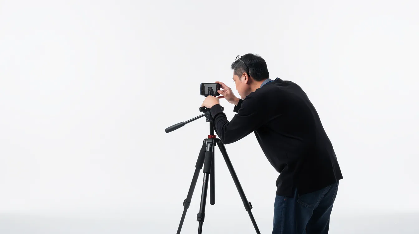 A person is taking a photo with their smartphone mounted on a tripod in front of a plain white wall, showcasing their body shape and the results of their liposuction procedure. This image could represent the recovery process, highlighting the healing journey and the transformation after undergoing cosmetic surgery.