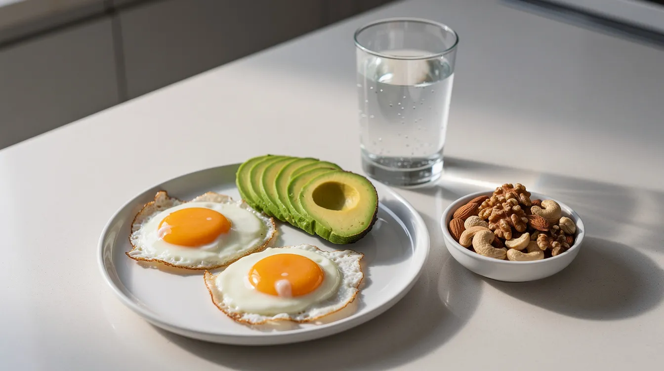 The image depicts a vibrant and healthy breakfast spread on a kitchen counter, featuring perfectly cooked eggs, sliced avocado, a variety of nuts, and a refreshing glass of water, all promoting a balanced diet and active lifestyle. This nutritious meal can support testosterone production and enhance energy levels, contributing to overall men's health and hormonal balance.