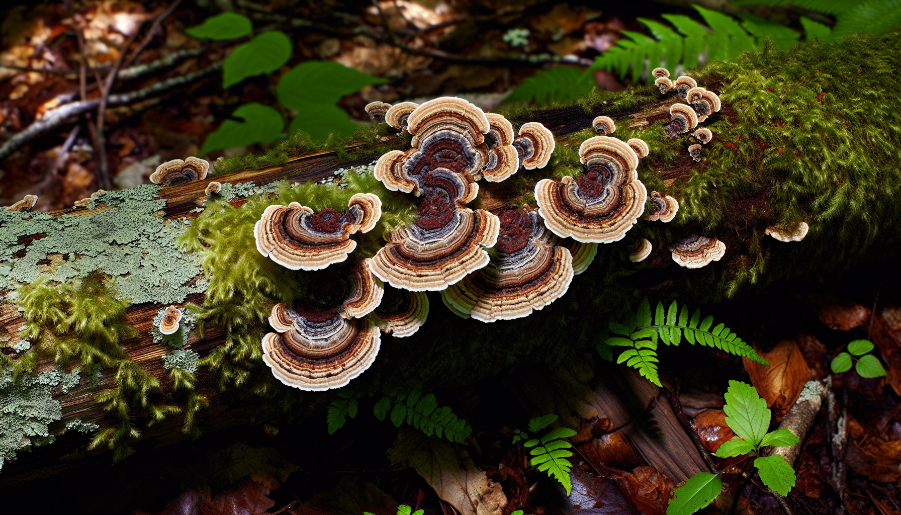 Turkey tail mushrooms in natural environment