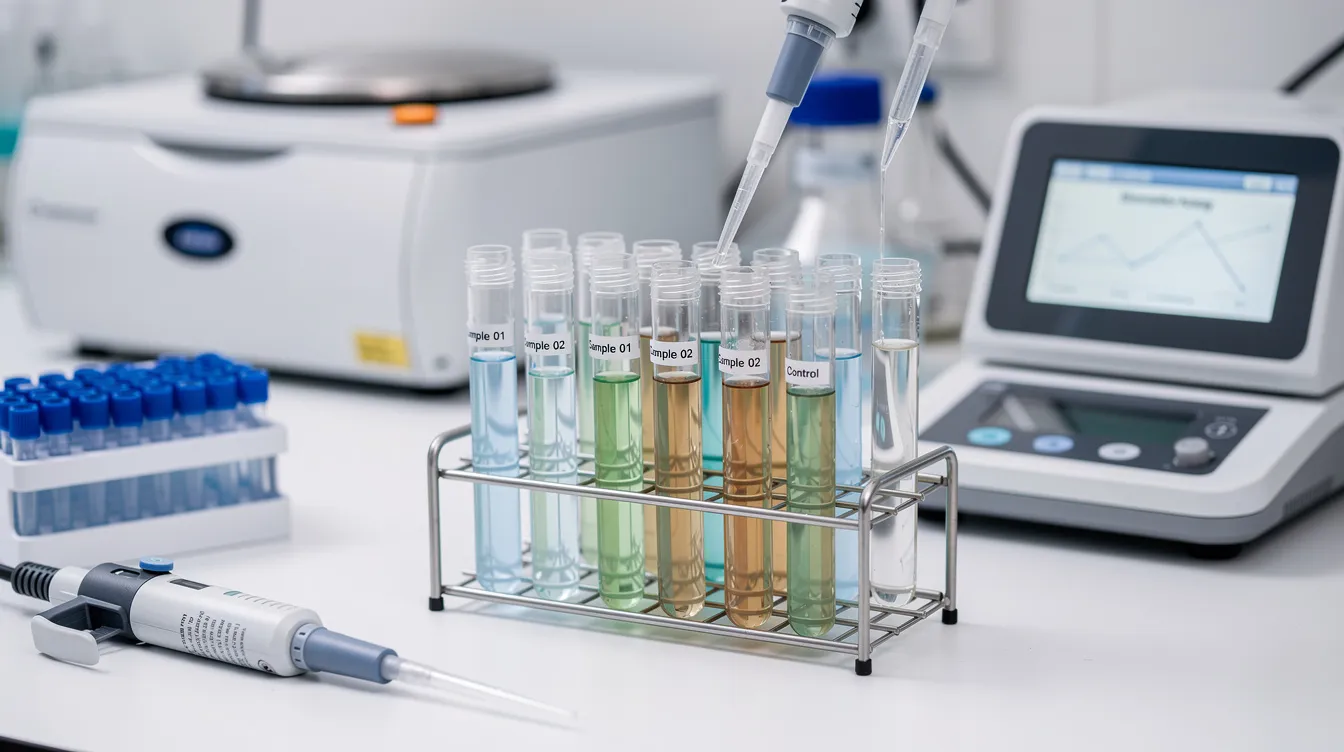 The image depicts a collection of laboratory equipment, including test tubes and beakers, set up for biomarker analysis, which may be used in research related to supplements like vitamin D and their effects on health, cognitive function, and aging. This setup is essential for conducting studies on various compounds, including those discussed by Rhonda Patrick, to explore their roles in disease prevention and overall wellness.