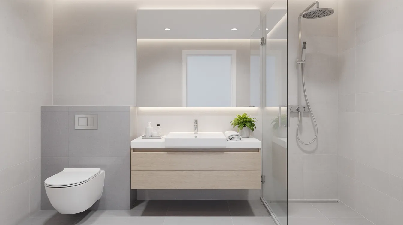 The image depicts a modern bathroom featuring a sleek white sink, a compact toilet, and stylish shower fixtures, all designed for optimal functionality and aesthetics. This setup highlights contemporary plumbing solutions that cater to residential needs, ensuring a comfortable and efficient space for homeowners.