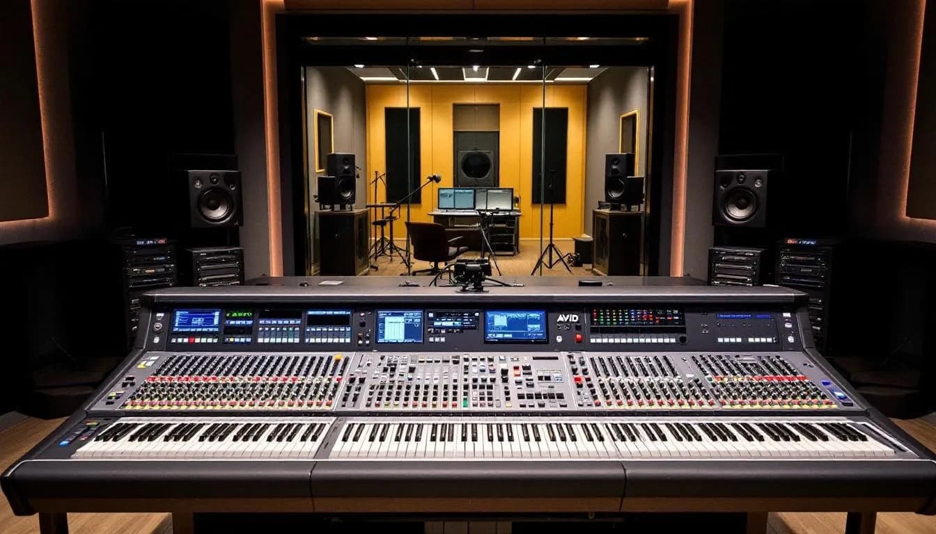 The image depicts a professional studio control room featuring an AVID mixing console, surrounded by high-quality speakers and audio gear, creating an environment where musicians and producers can mix and engineer sounds with precision. The scene captures the essence of a creative space designed for recording and music production, showcasing the tools and systems essential for achieving exceptional audio performances.