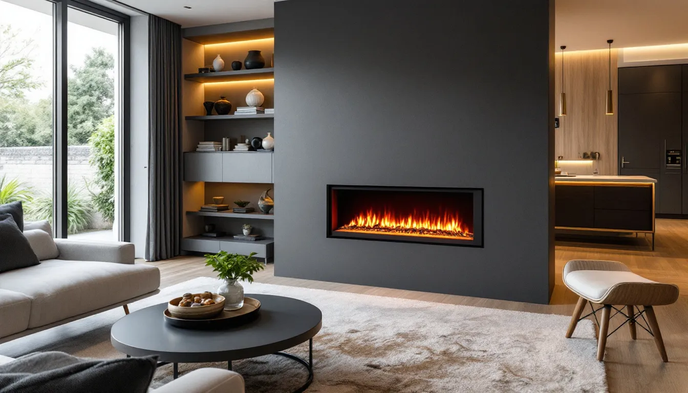 A modern inset electric fire installed in a stylish living room.