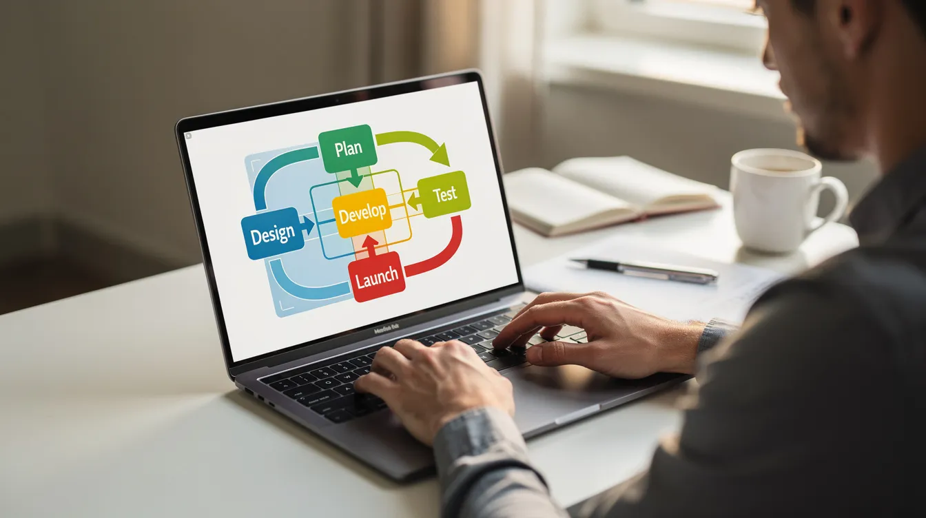 A person is focused on a laptop, with vibrant workflow diagrams and business process modeling visuals displayed on the screen, illustrating various business processes and techniques. This setting highlights the importance of process modeling tools in business analysis and management.