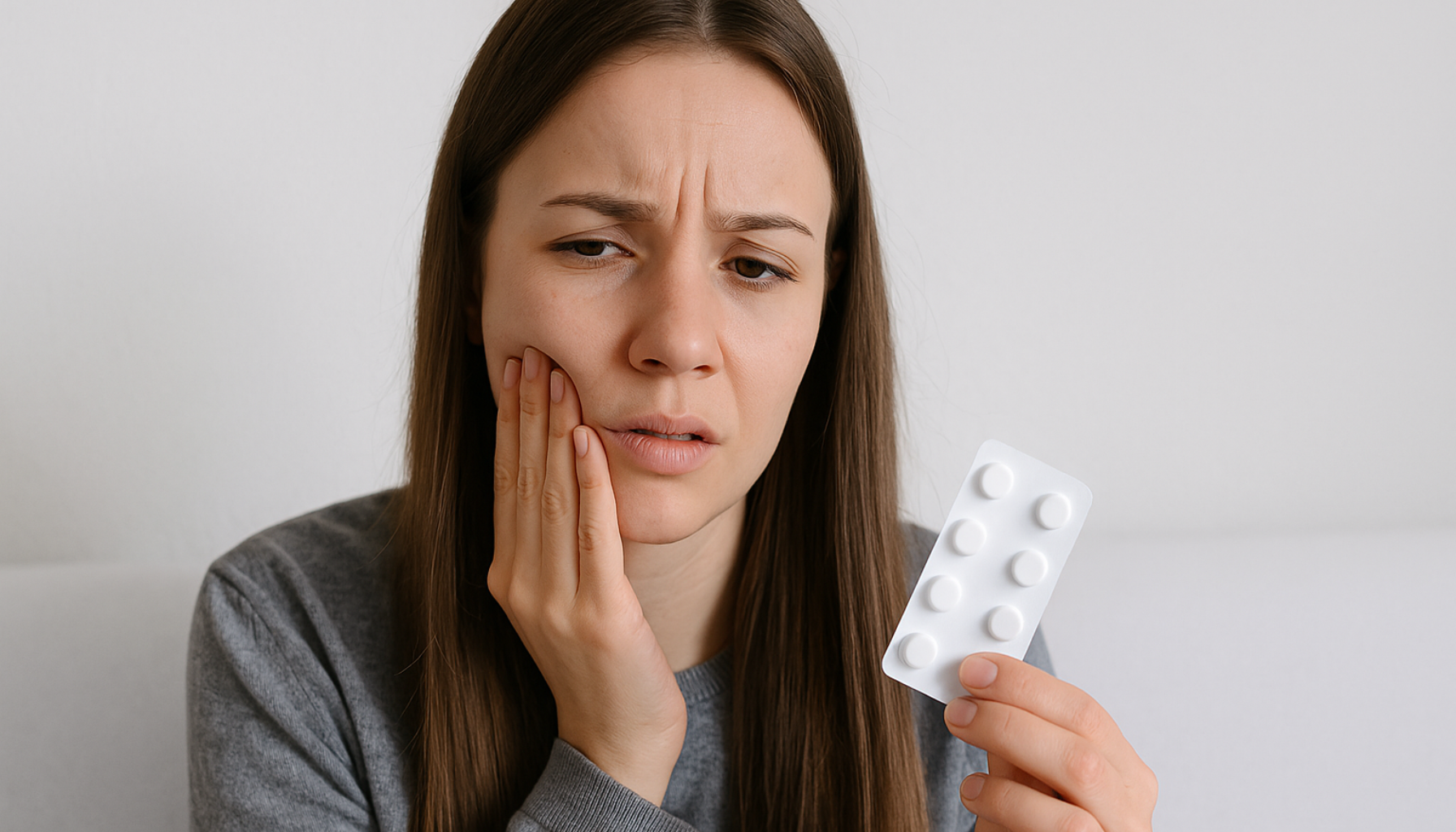 Kvinne med tannverk holder kinnet og en pakke smertestillende tabletter, tydelig preget av smerte i nøytral innendørs setting.