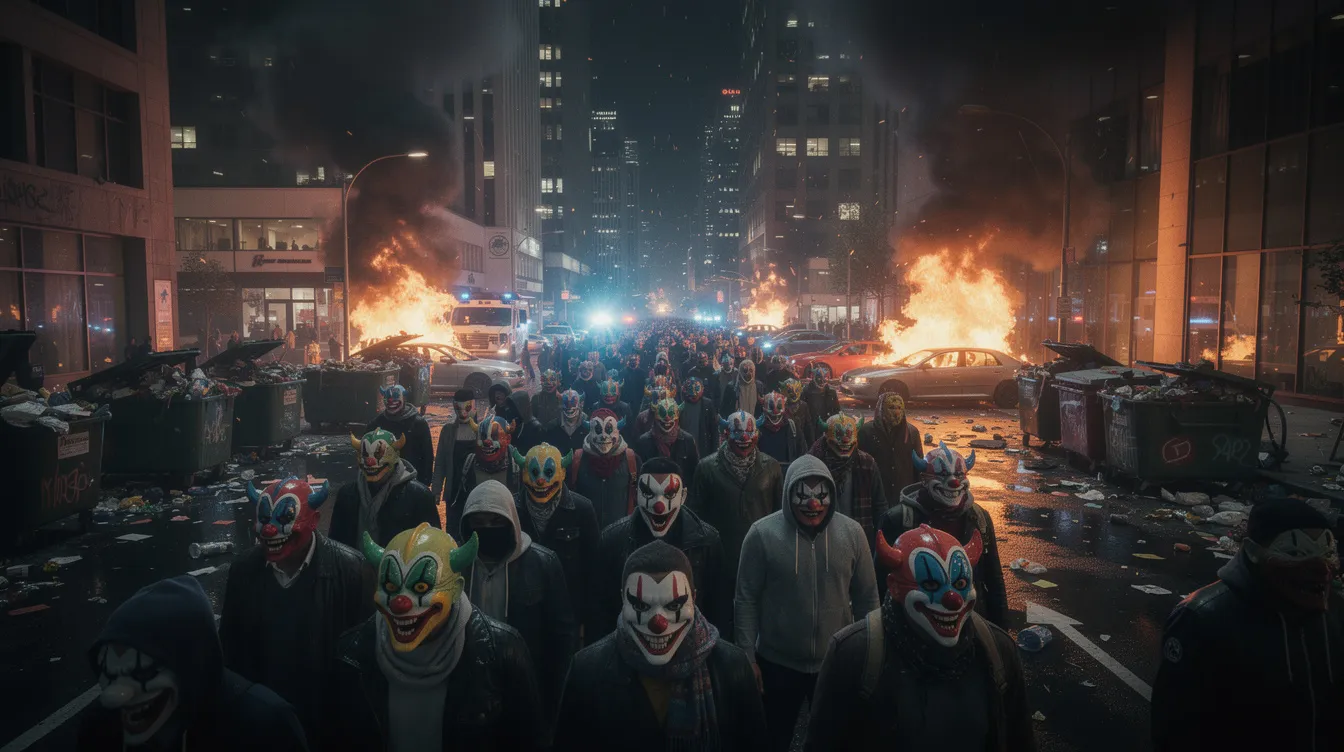 Eine große Menschenmenge steht in einer dunklen Straße von Gotham City, viele tragen bunte Clown-Masken. Im Hintergrund brennen Mülltonnen und Autos, während Rauch zwischen den Hochhäusern aufsteigt, was eine bedrohliche Atmosphäre schafft, die an die düstere Handlung eines Thrillers erinnert.