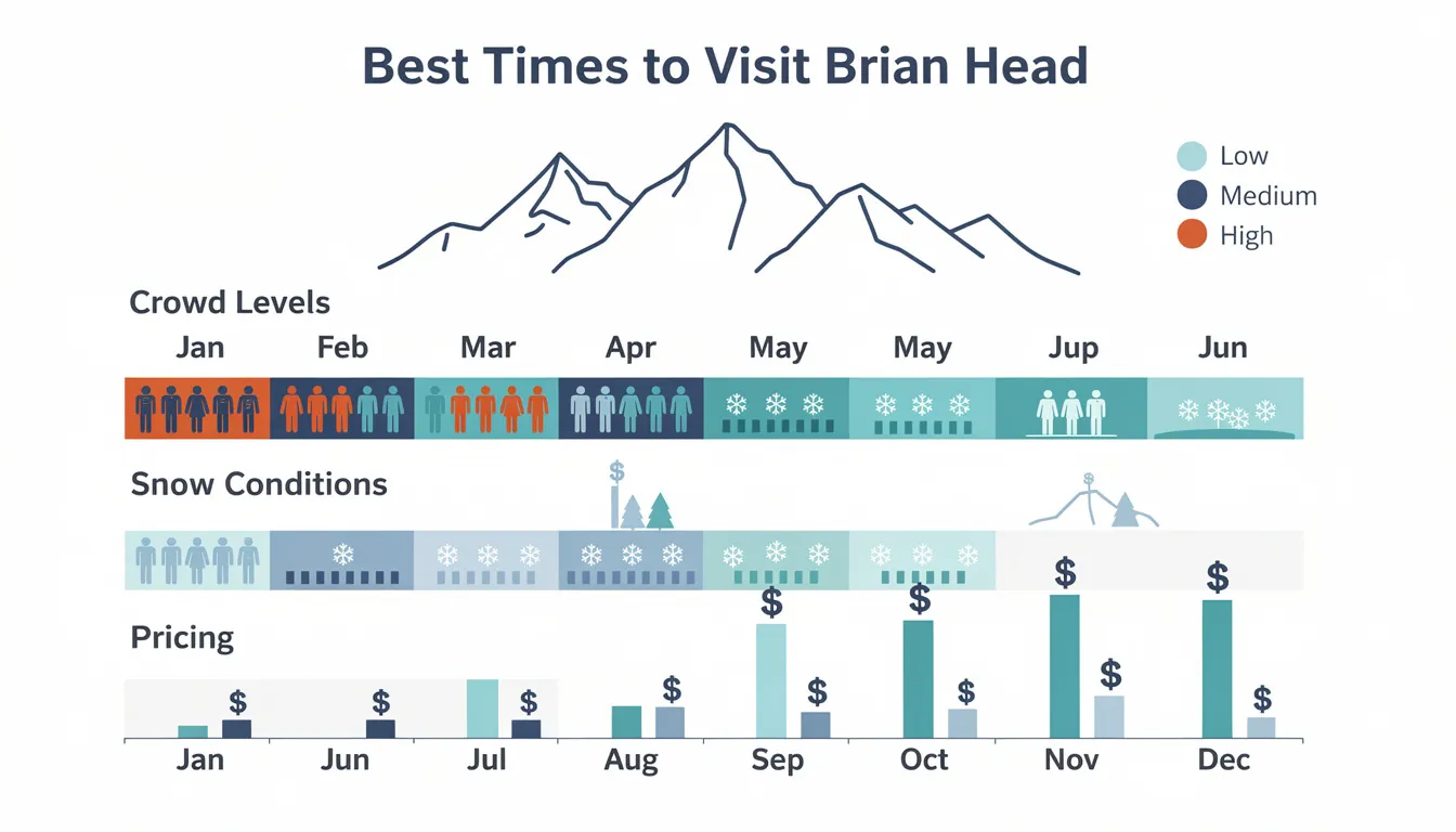 This infographic illustrates the optimal times to visit Brian Head Resort, detailing crowd levels, snow conditions, and pricing throughout the months, making it a helpful guide for planning your ski trip to this family-friendly destination in Southern Utah. It highlights the best times for skiing and snowboarding, ensuring a great experience on the slopes.