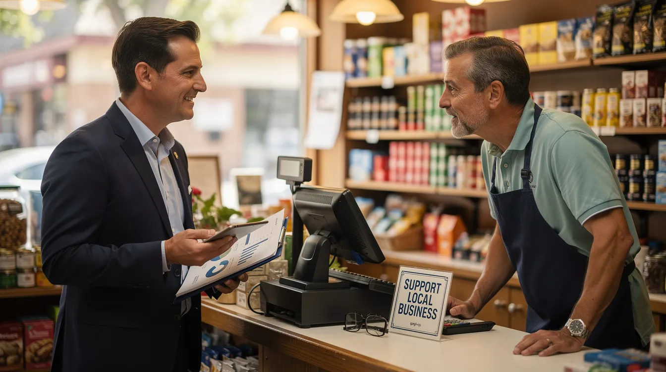 e82d8990 f30f 49af 9675 0b9076b5d2a8 A bank officer is seen visiting a small retail shop, engaging in conversation with the owner across the counter about financial assistance options, including mudra loans. The discussion likely revolves around the owner's satisfactory credit track record and eligibility criteria for accessing loans to support their income-generating micro enterprise.
