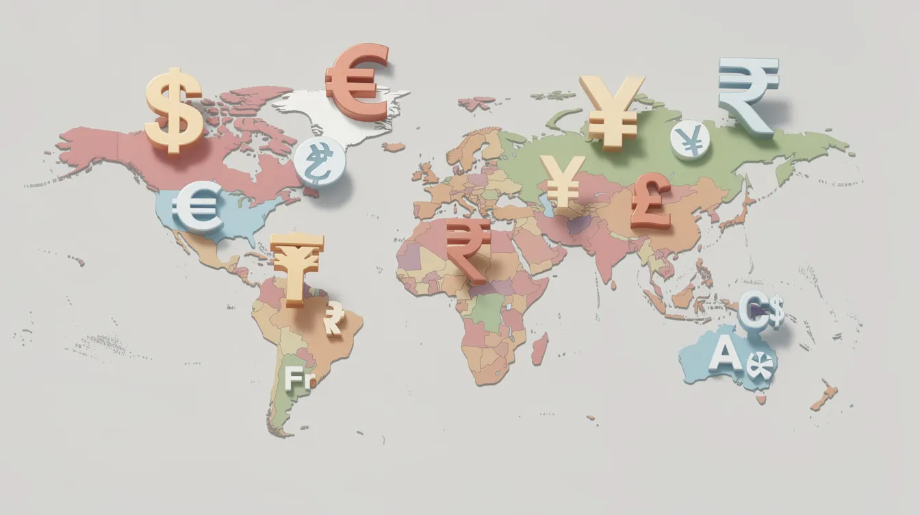 The image depicts a world map with various international currency symbols, such as the US dollar and Euro, floating above different continents, illustrating the concept of international money transfers. This visual representation highlights the global nature of financial transactions, emphasizing the importance of competitive exchange rates and foreign currency accounts for sending money overseas.