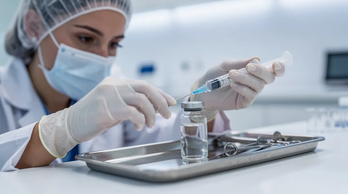 A medical professional in a clinical setting is seen preparing a syringe filled with clear liquid medication, likely for testosterone replacement therapy, emphasizing their role in men's health services. The atmosphere suggests a focus on personalized treatment goals and patient well-being.