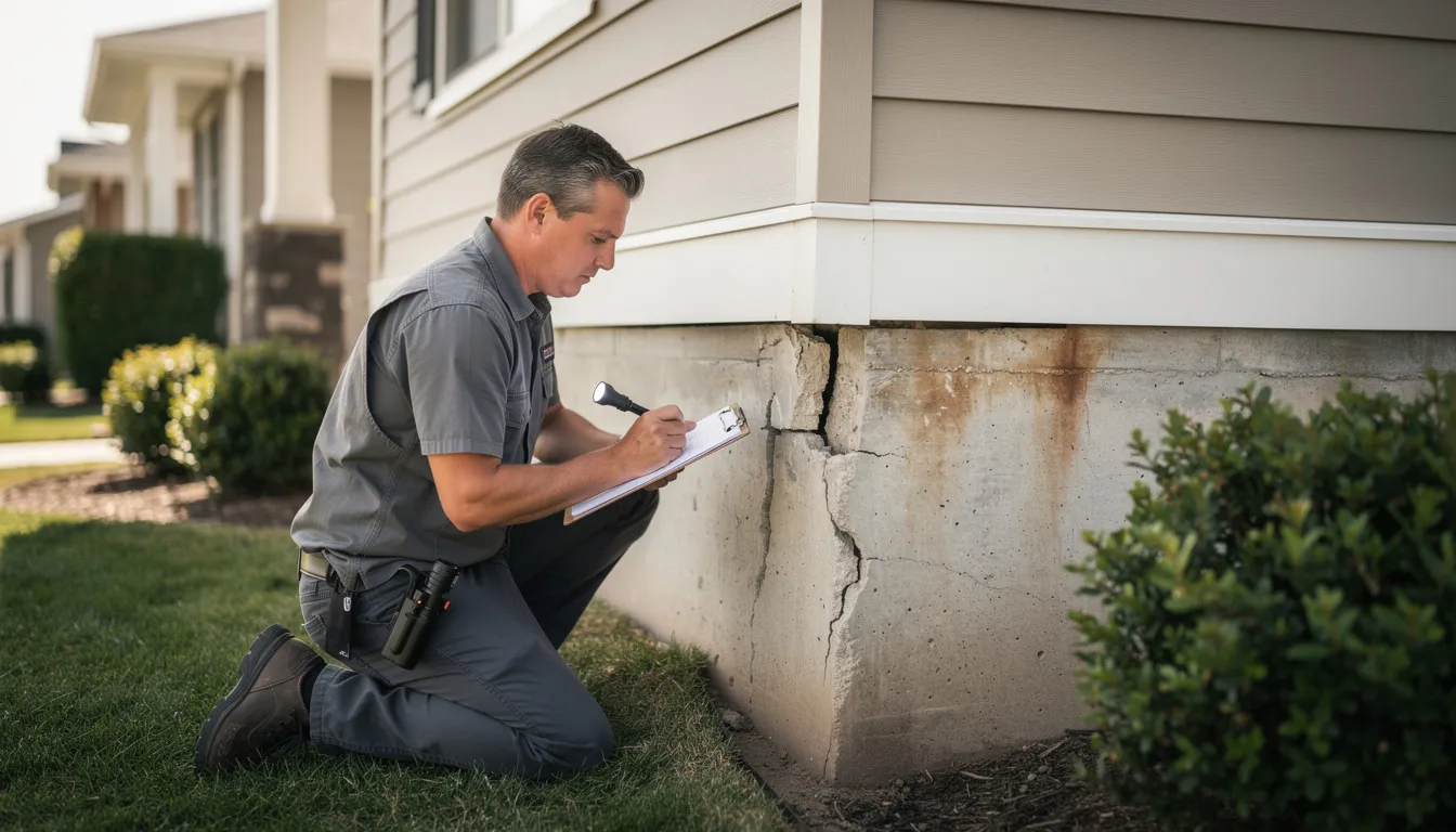 A professional is inspecting foundation damage near a residential home's exterior, looking for visible cracks and signs of a potential slab leak that could lead to significant water damage and mold growth. The inspection focuses on the concrete slab and surrounding areas to ensure the structural integrity of the home is maintained and to prevent costly repairs.