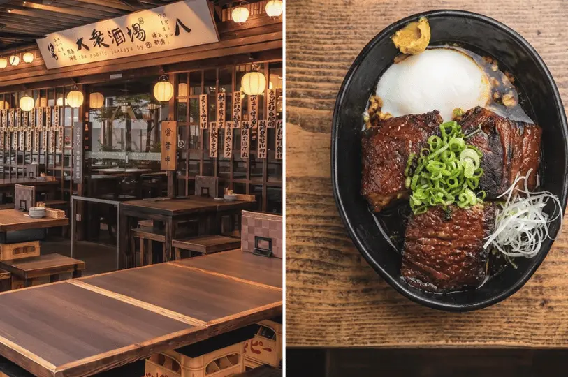 A split image showing the rustic, open-air seating area of an izakaya with wooden tables made from crates and hanging paper lanterns on the left, paired with a close-up bowl of rich braised pork belly (kakuni) topped with a soft-boiled egg and scallions on the right.