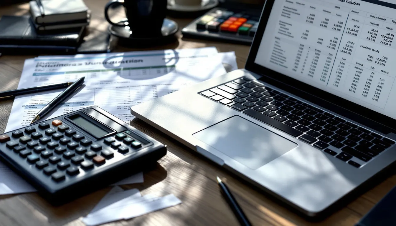A calculator sits next to financial spreadsheets that display various business valuation calculations, including discounted cash flow analysis and future cash flows, essential for determining a company's market value and enterprise value. The image illustrates the valuation process, highlighting the importance of accurate financial analysis in making informed business decisions.
