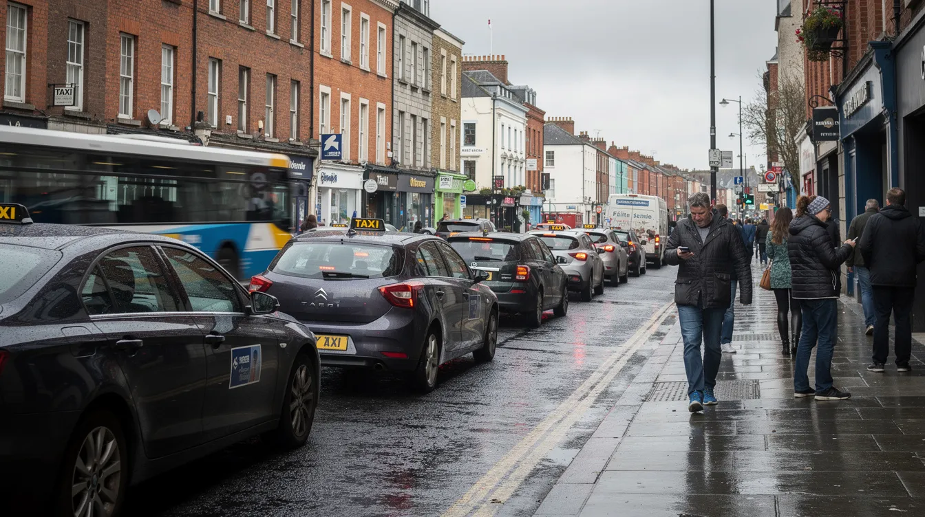 The image shows a busy taxi rank on a Dublin street, with several taxis lined up and pedestrians walking nearby. The scene captures the hustle and bustle of city life, reflecting the daily operations of public transport in the area.
