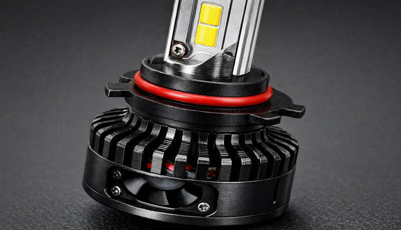 9005 LED bulb components showing chip and cooling system