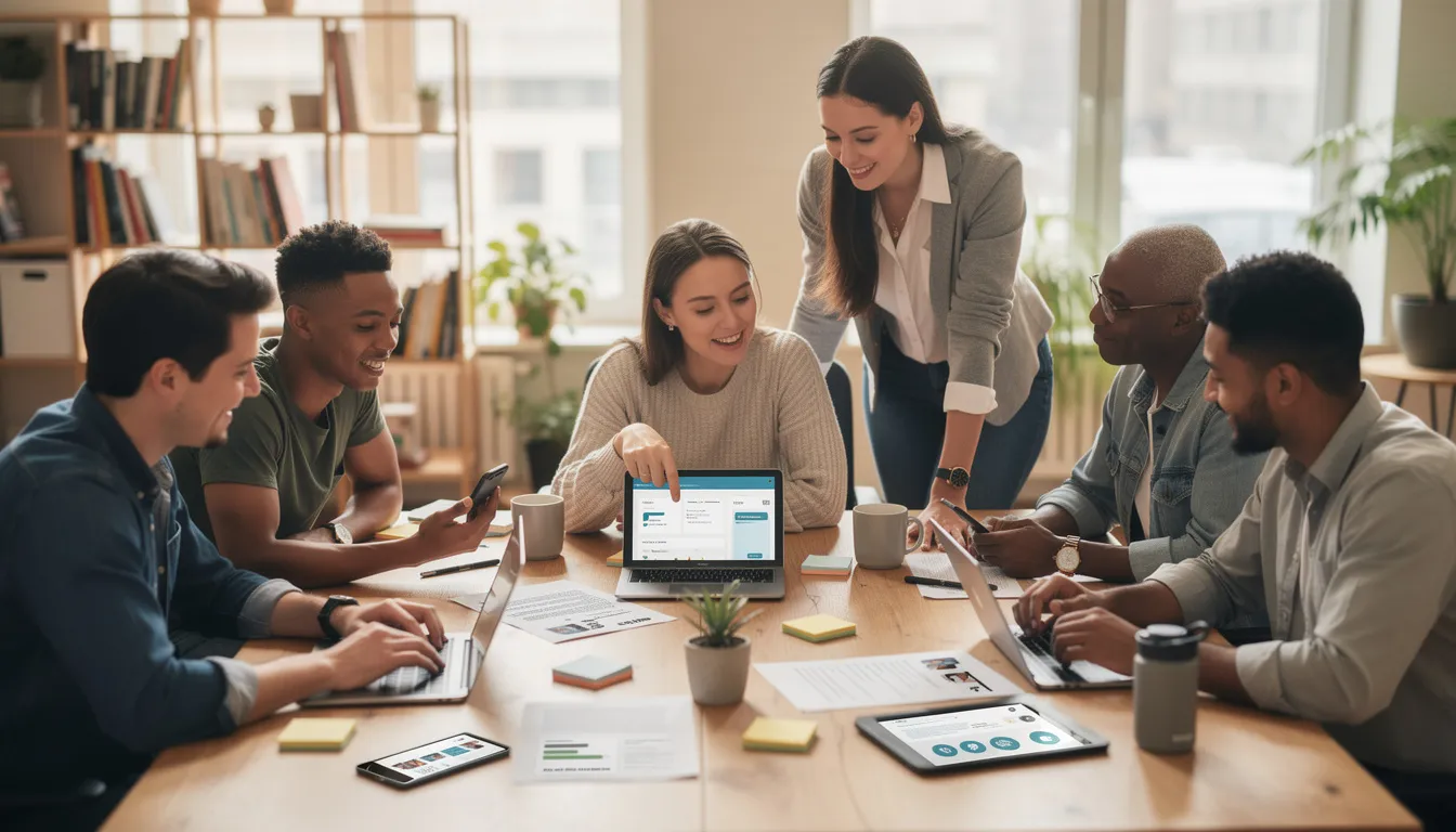 A group of nonprofit team members collaborates around a table, each using mobile devices to strategize their fundraising efforts. They are focused on enhancing their text to donate campaigns and improving donor engagement through mobile giving solutions.