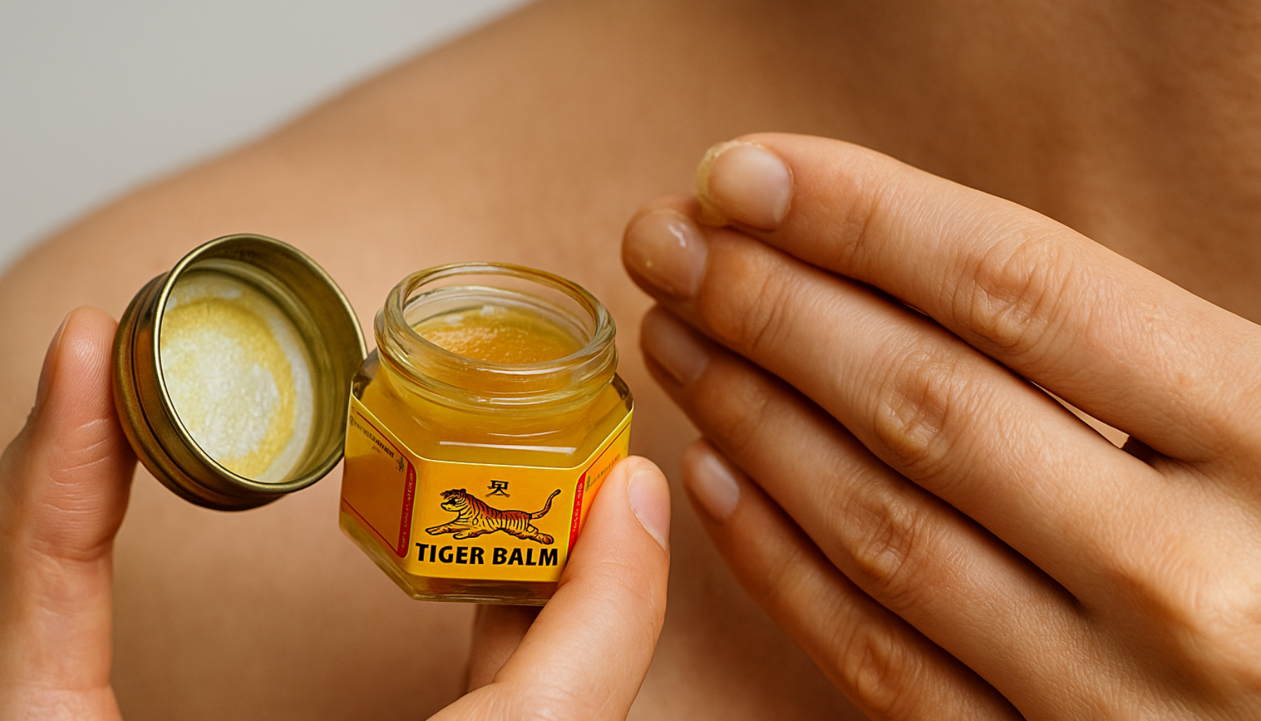 Person påfører tigerbalsam på skulderen for å lindre muskelsmerter og stivhet.