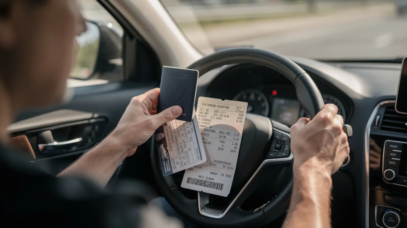 A person is holding travel documents, including an international driving permit, near a steering wheel, suggesting preparation for driving abroad. The image emphasizes the importance of having a valid driver's license and an international driver's license to drive legally in foreign countries.