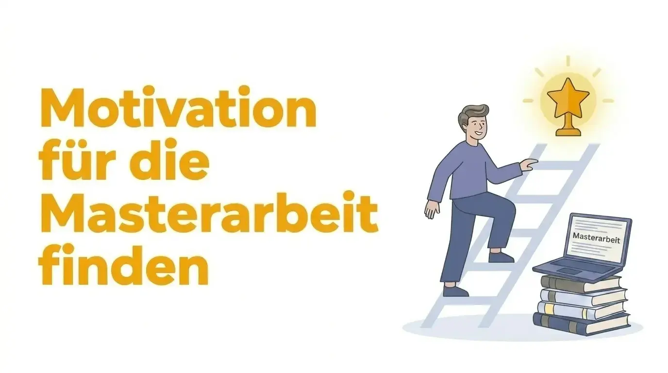Illustration eines Studenten, der eine Leiter aus Büchern erklimmt, die zu einem Laptop mit der Aufschrift „Masterarbeit“ führt. Er streckt die Hand nach einem goldenen Pokal mit einem Stern aus. Text links: „Motivation für die Masterarbeit finden“.
