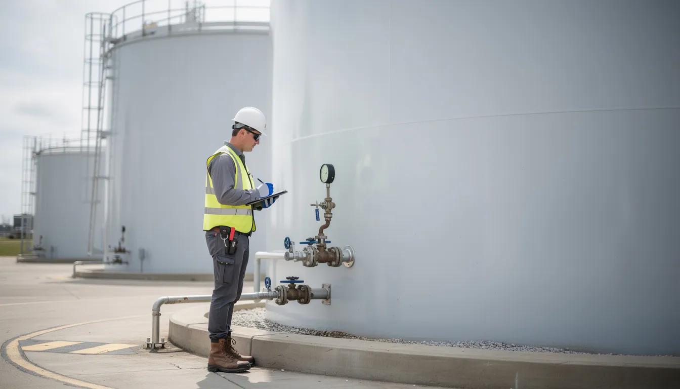 A professional technician in safety gear is inspecting a large water storage tank, ensuring its cleanliness and safety for water supply. This image emphasizes the importance of regular water tank cleaning services to prevent harmful bacteria and maintain high hygiene standards.
