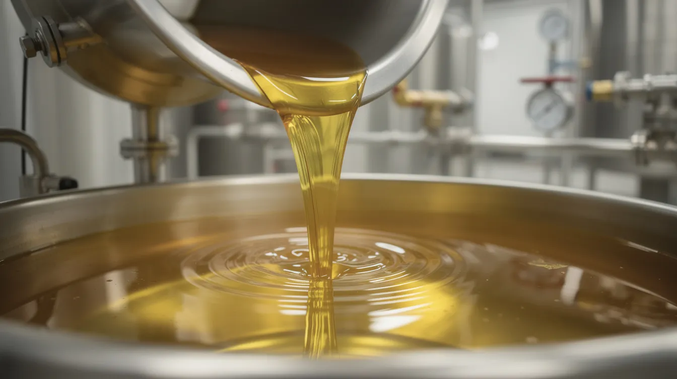 A close-up image shows golden refined vegetable oil being poured from industrial equipment into a collection vessel, highlighting the oil extraction process typical in a soybean oil processing plant. This scene illustrates the refined soya bean oil's quality and the machinery and technology requirements involved in the oil processing plant operations.