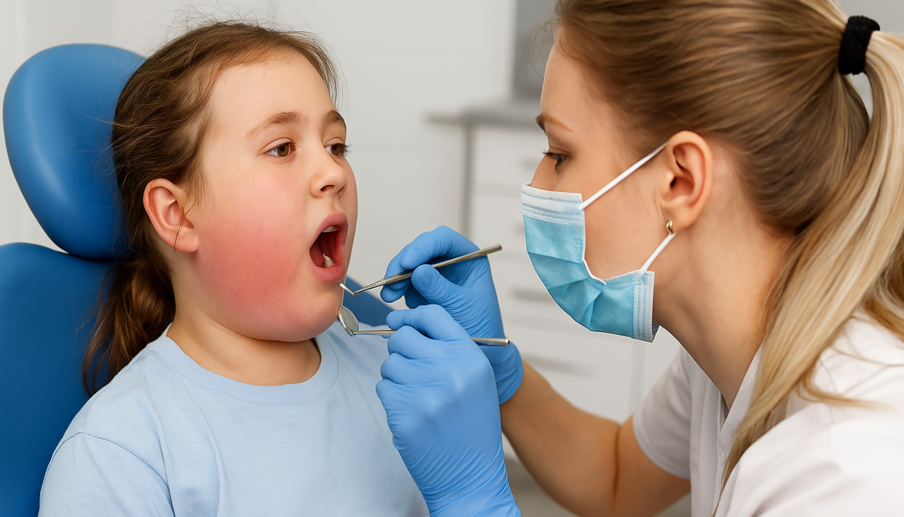 Barn med kusma viser hovne kinn mens tannlege undersøker munnen under en tannhelsekontroll.