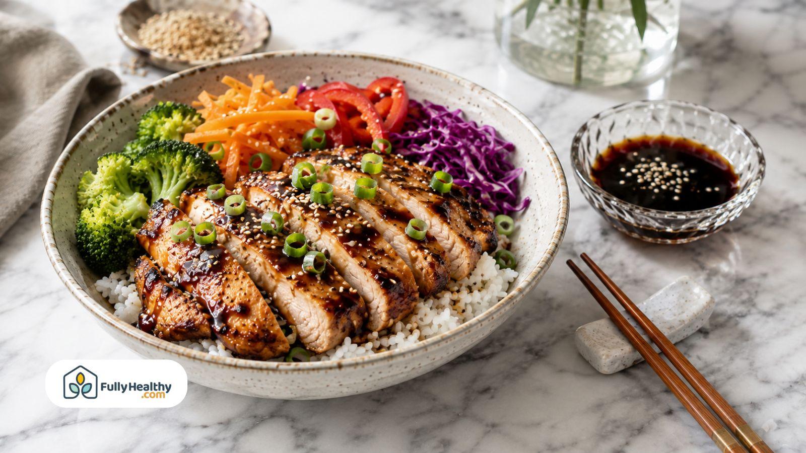 Grilled chicken rice bowl with vegetables and tamari dipping sauce.