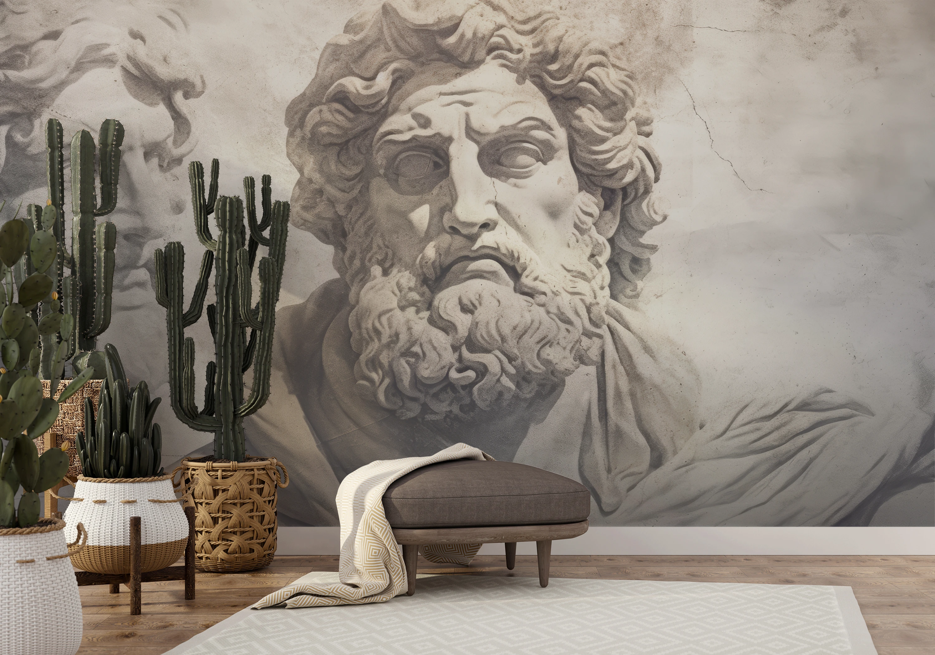 The wallpaper presents a group of classical Greek philosophers in half-profile, with developed facial expressions, suggesting in-depth discussion, on a marble background.