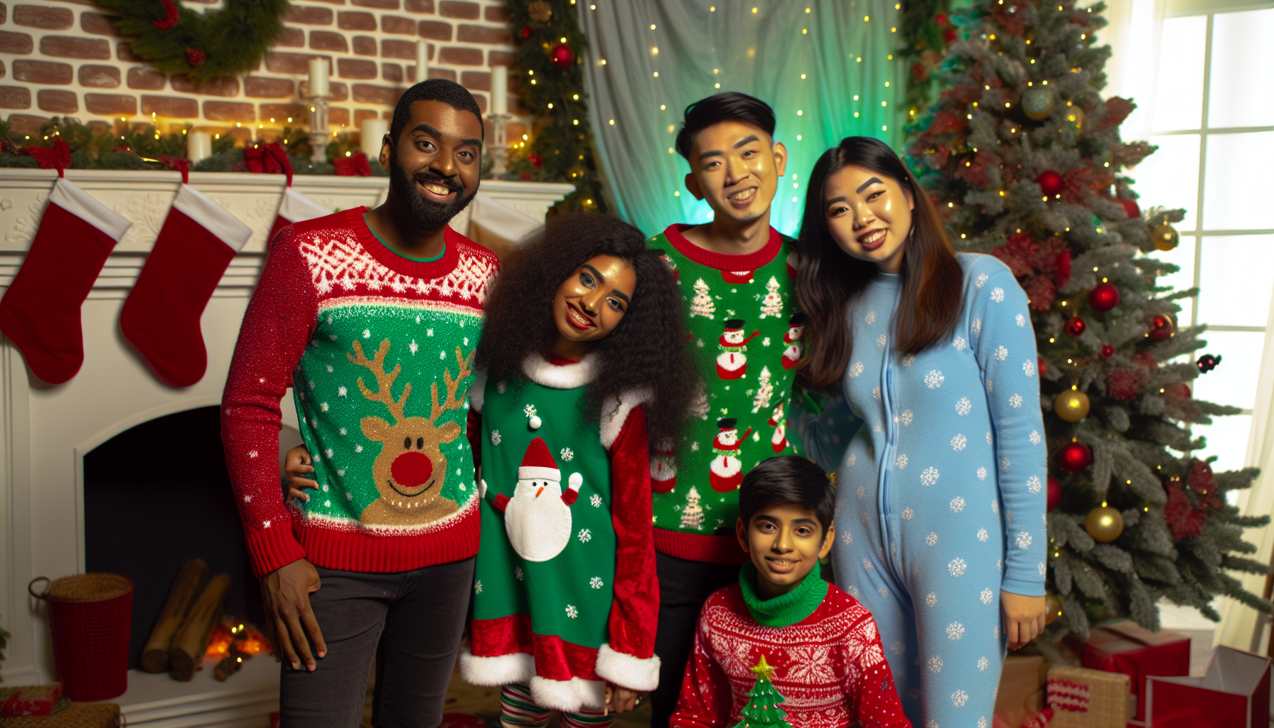 A diverse family wearing festive Christmas dresses 