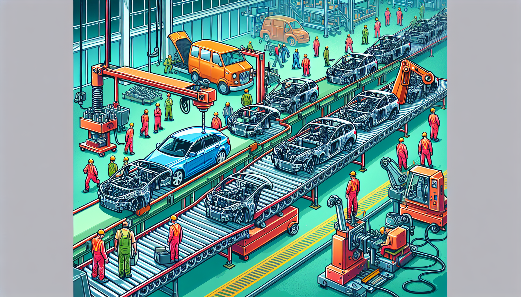 Cartoon of a car production line