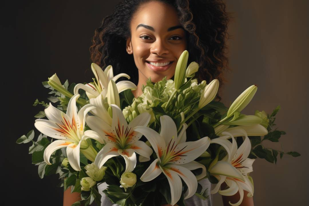 Woman holding lily bouquet, outward facing flowers, pure white blooms, lily hybrids - Flower Guy