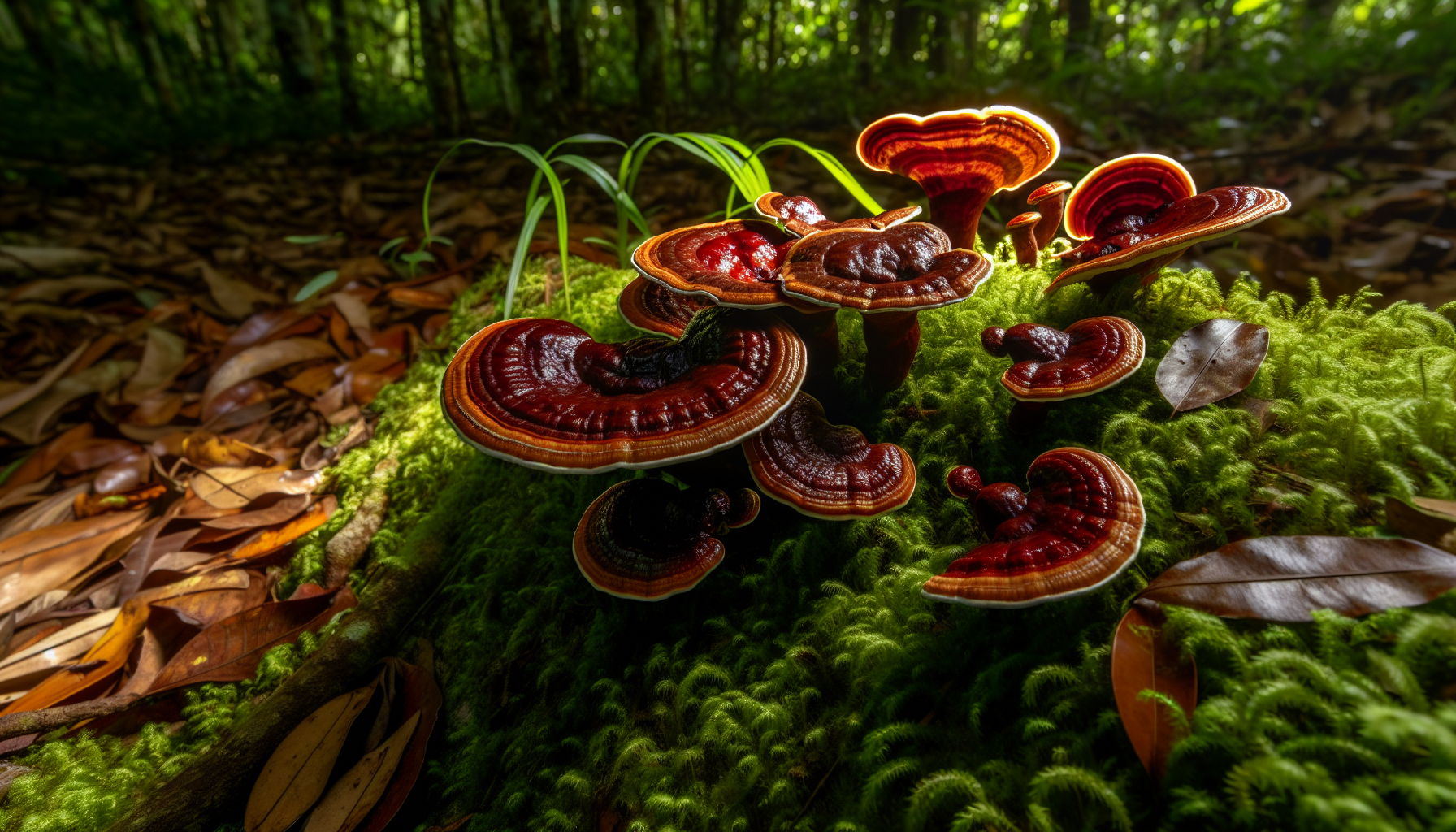 Reishi mushrooms in natural environment
