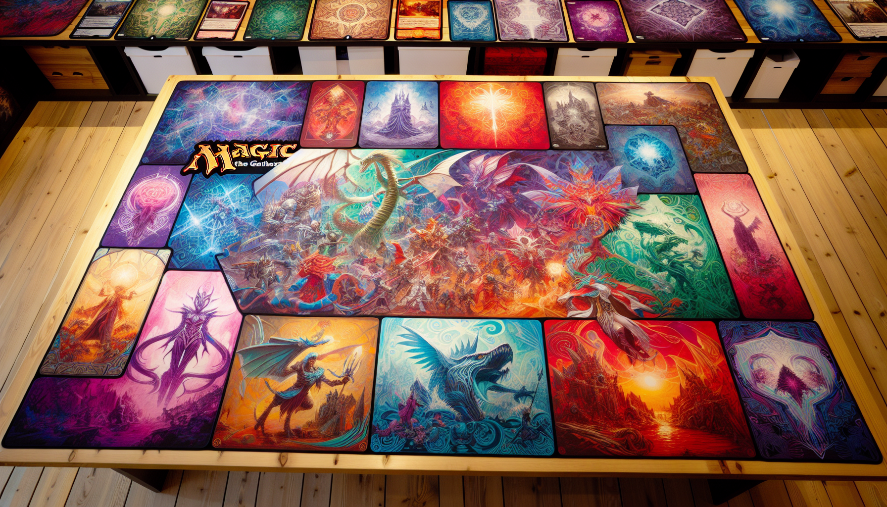 A variety of colorful MTG playmats displayed together.