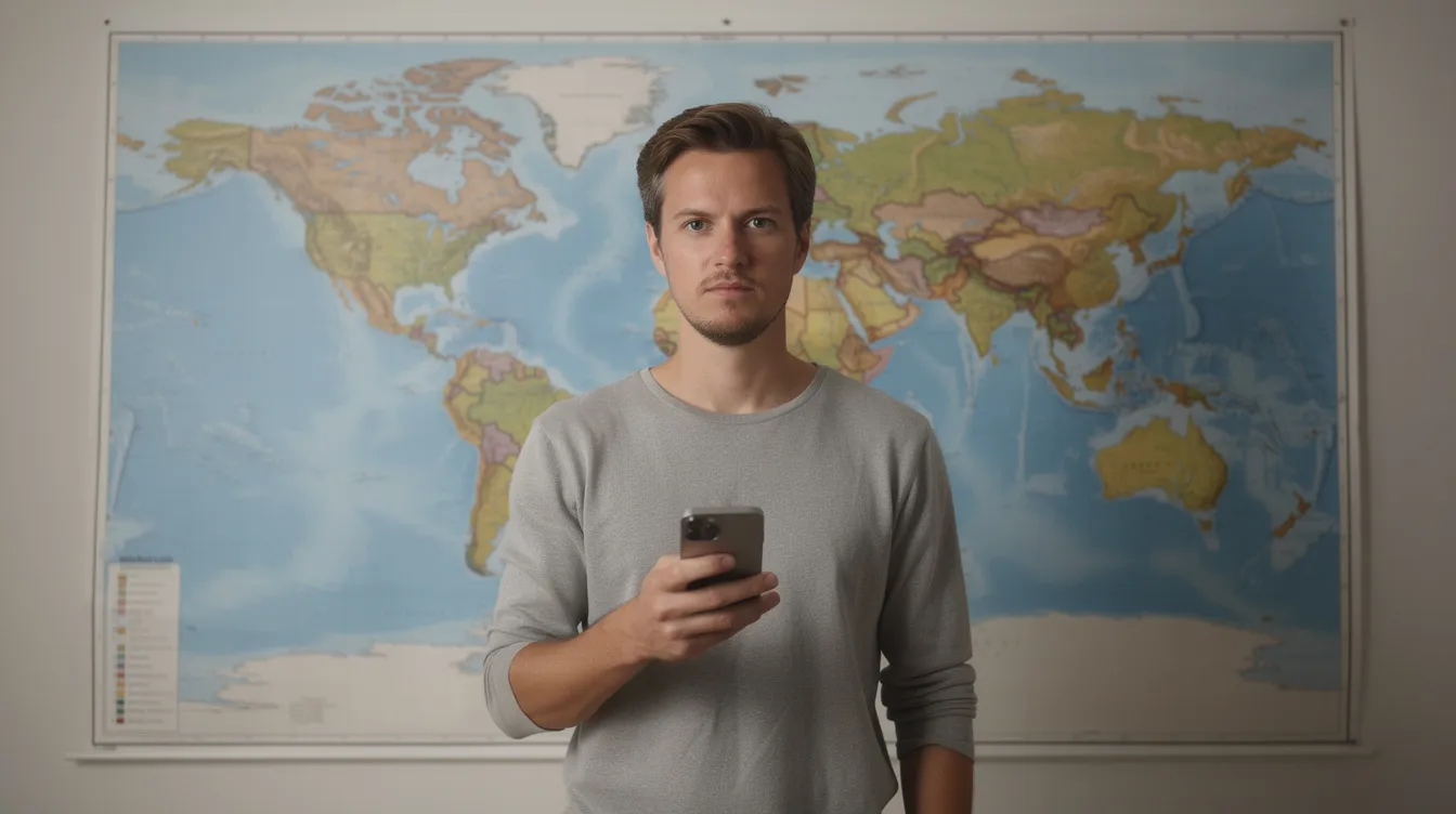 A person is standing in front of a large world map on a wall, holding a smartphone, which they may use for making international calls to various countries. The map could represent different regions and country codes essential for dialing international phone numbers.